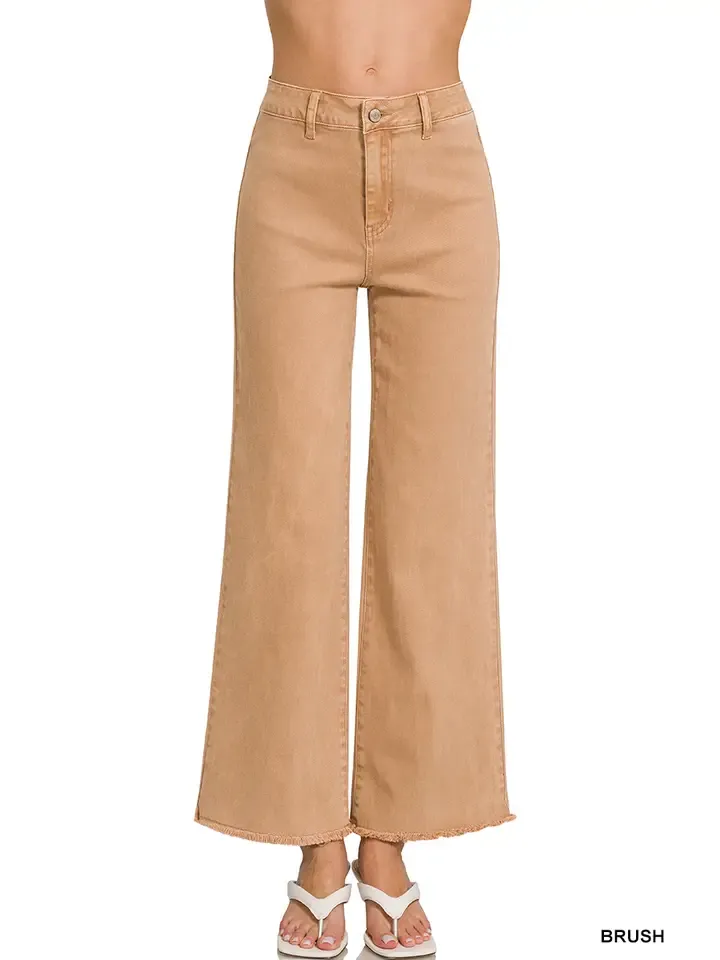 Zenana Acid Wash Frayed Hem Straight Wide Denim Pant-BRUSH