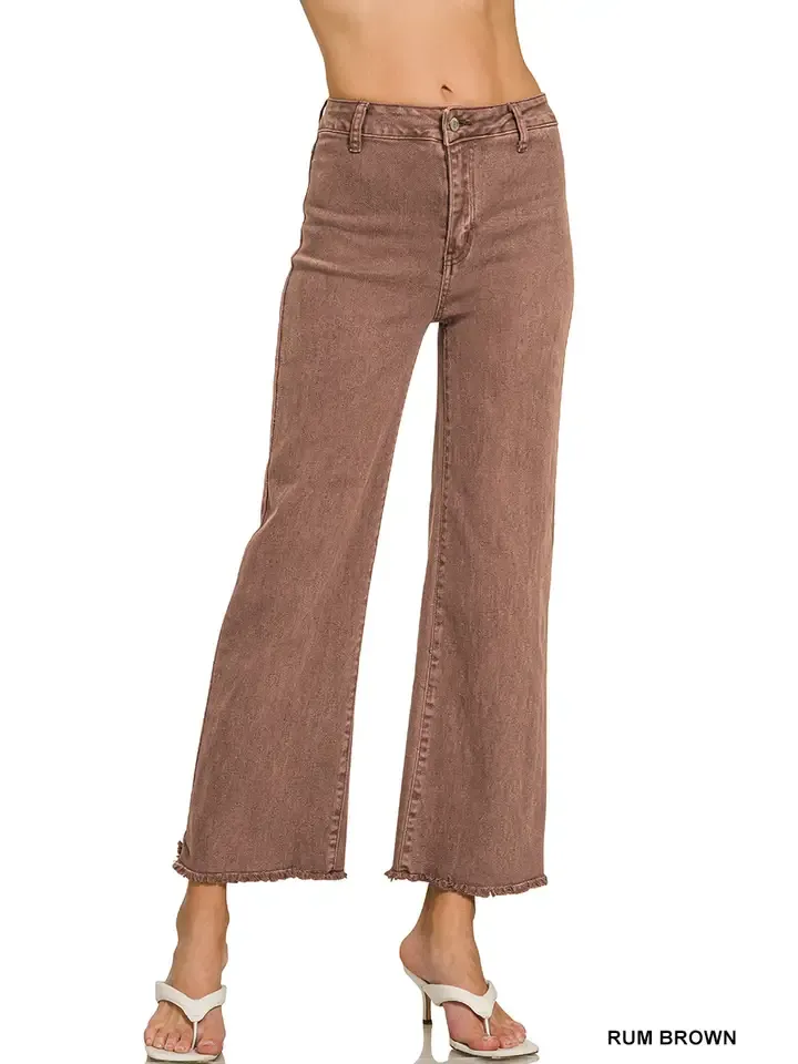Zenana Acid Wash Frayed Hem Straight Wide Denim Pant-RUM BROWN