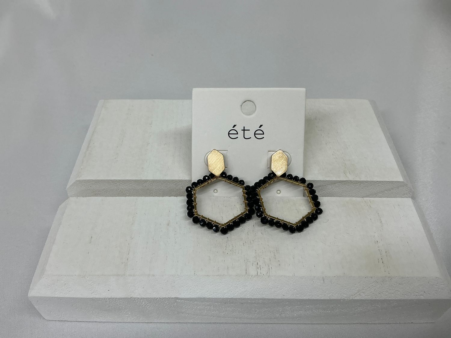 Gold Beaded Hexagon Earrings, COLOR: Black