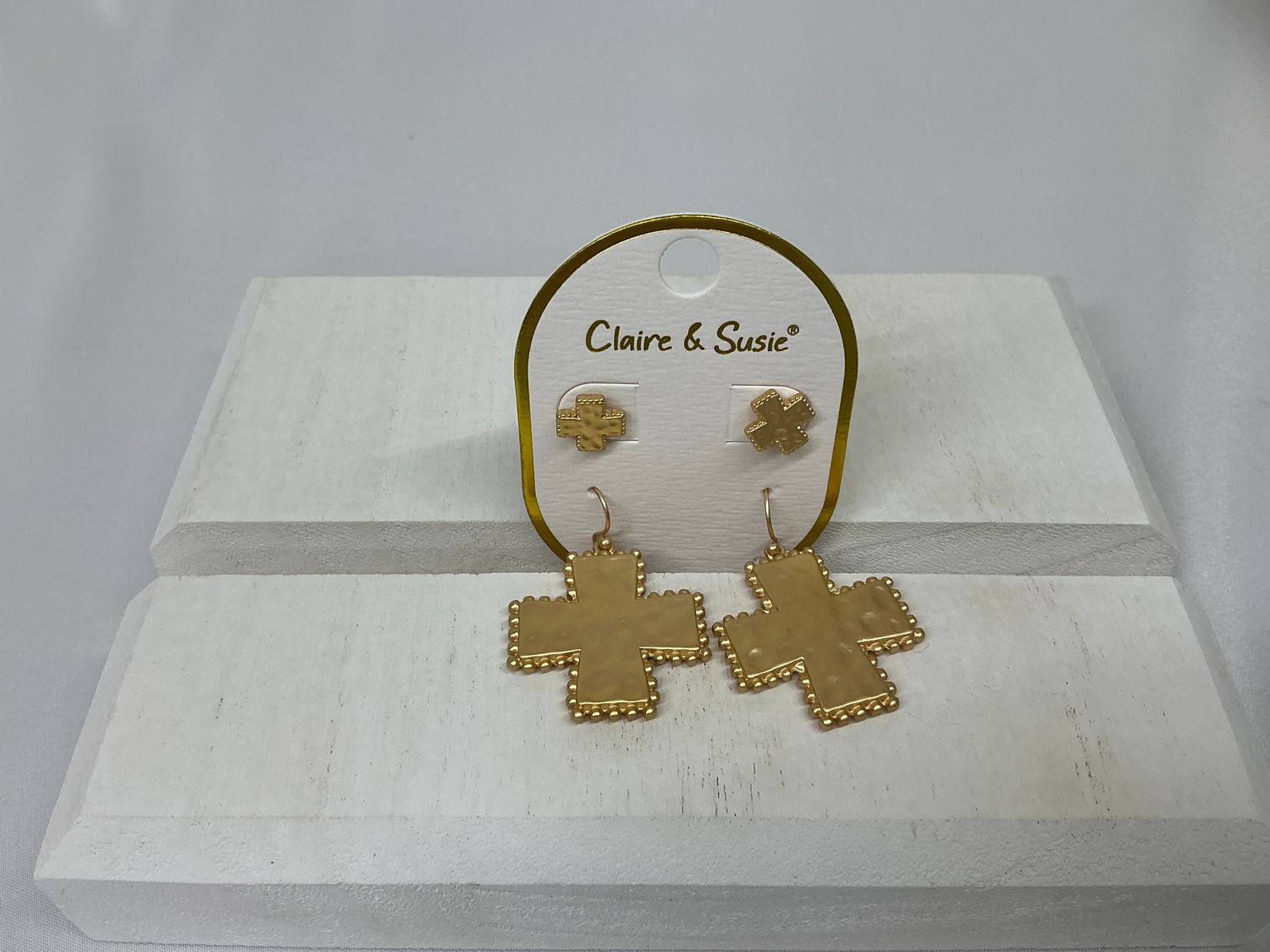 Gold Hammered Cross Earring Set