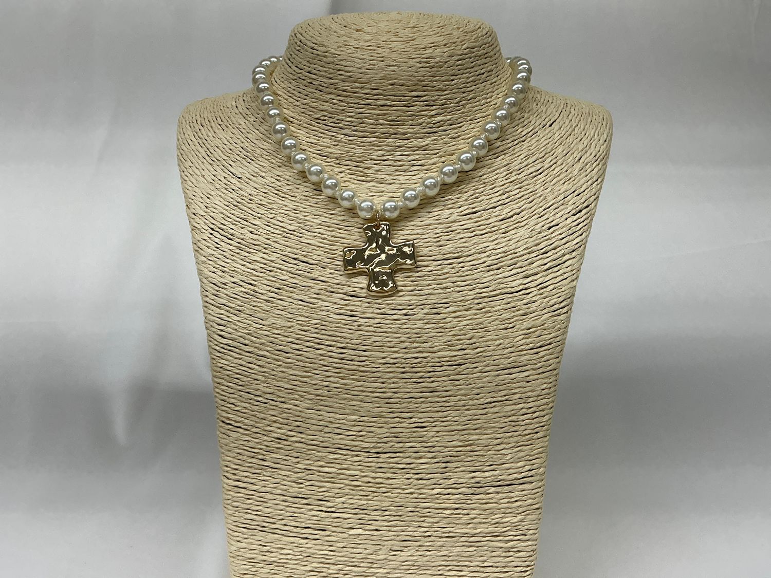 Pearl &amp; Gold Cross Necklace &amp; Earring Set