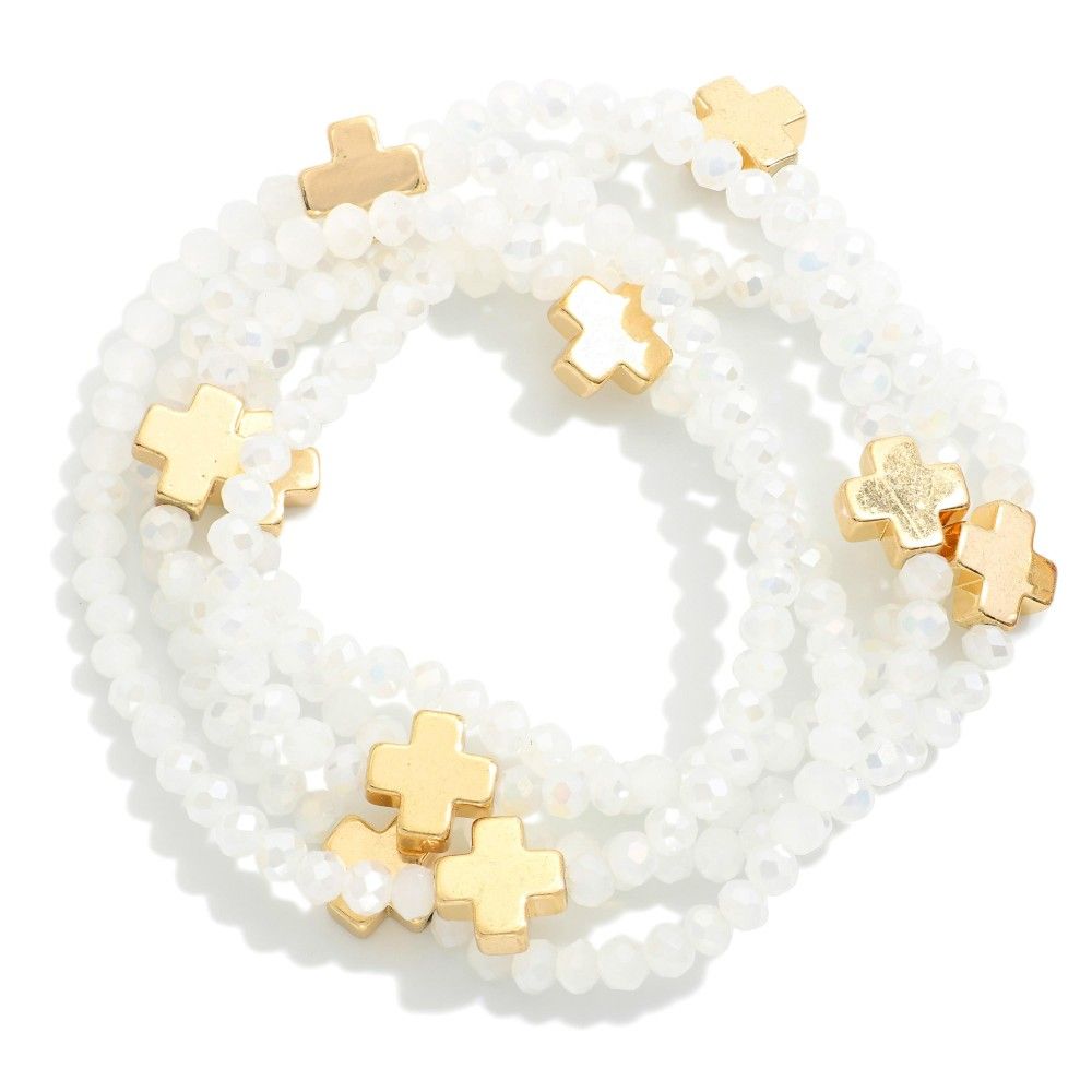 White Crystals &amp; Gold Cross Bracelet Stack