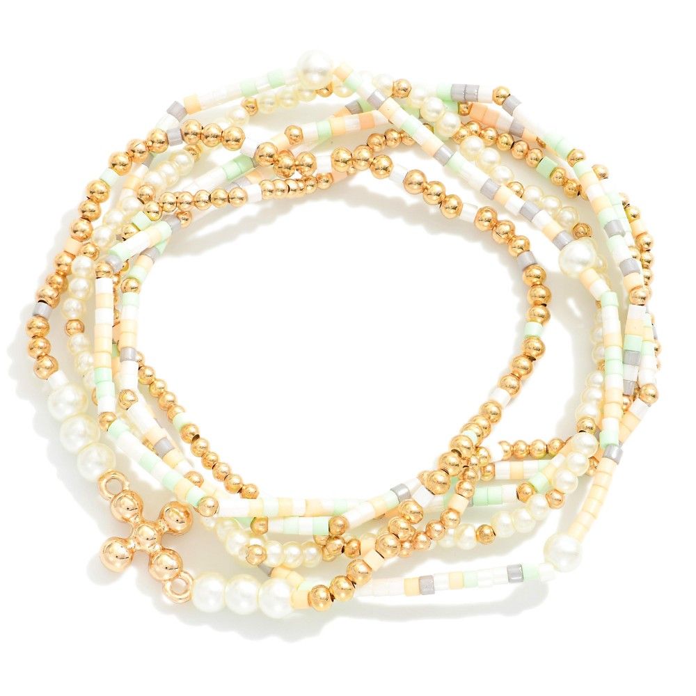 Gold Cross &amp; Mint Neutrals Bracelet Stack