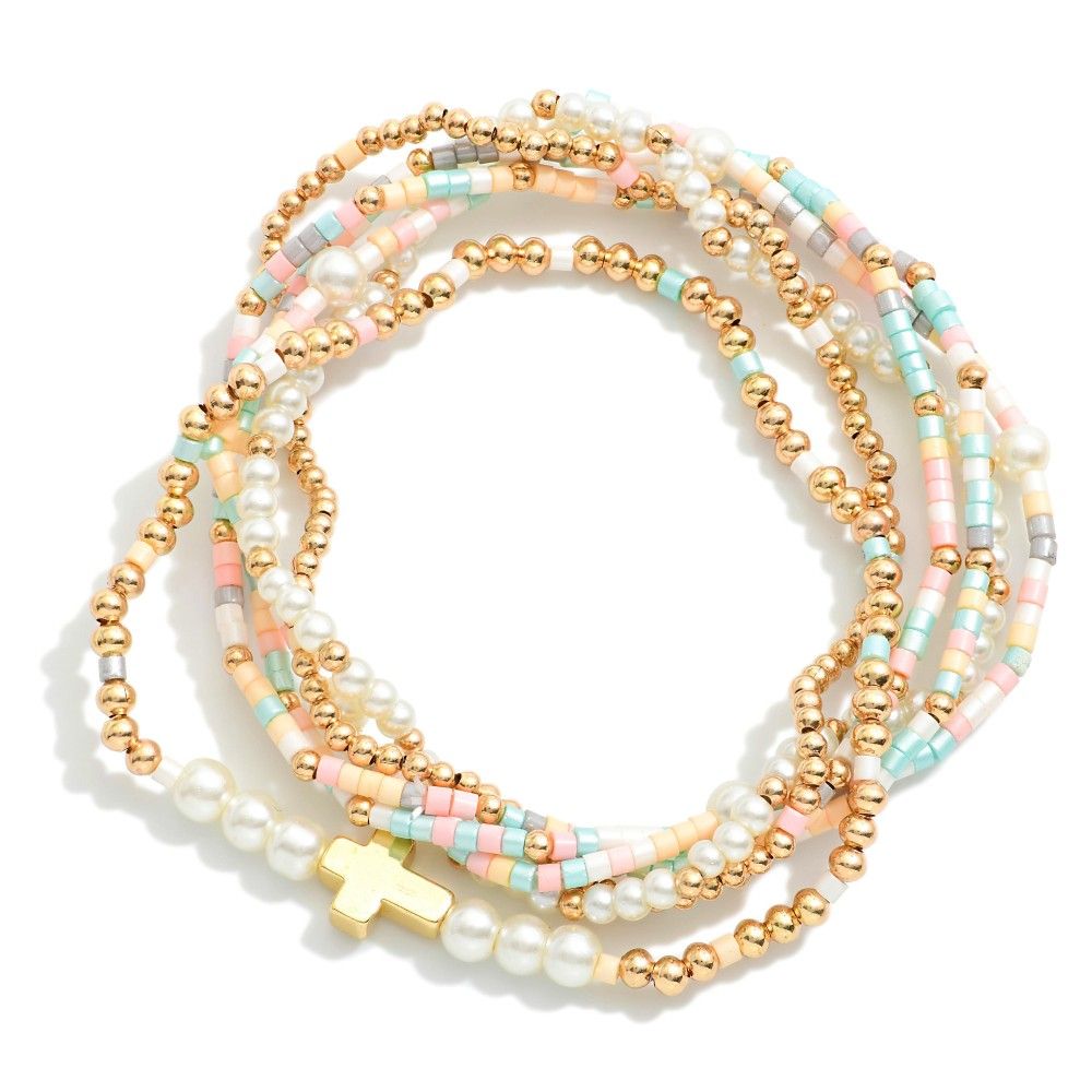 Gold Cross &amp; Pastels Bracelet Stack