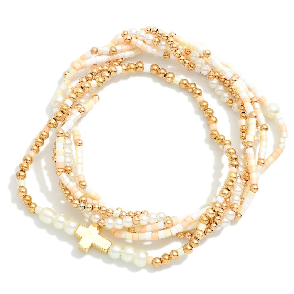 Gold Cross &amp; Peach Neutrals Bracelet Stack