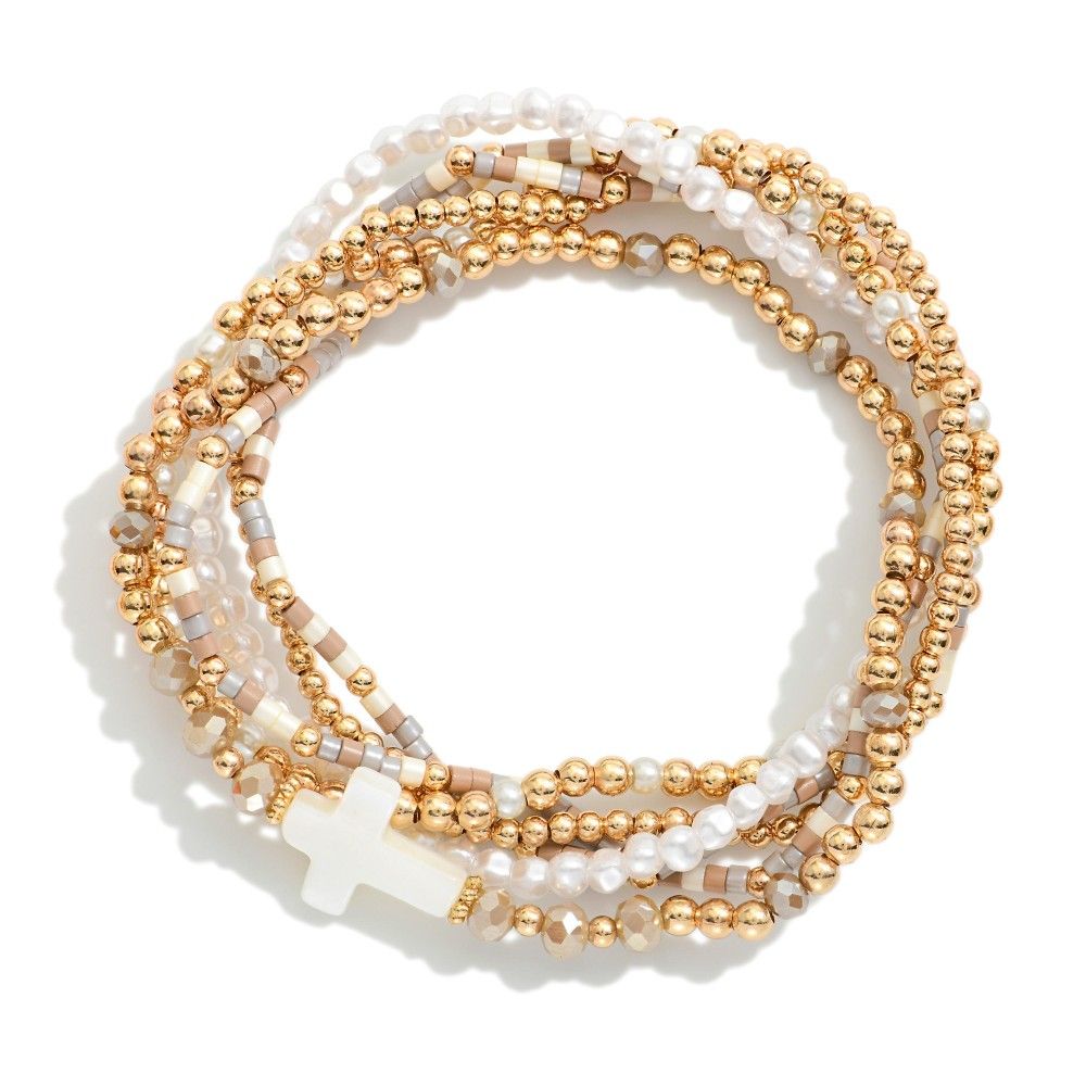 Gold Cross &amp; Neutrals Bracelet Stack