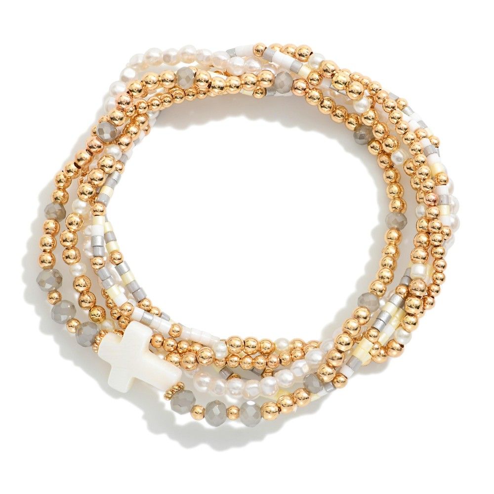 White Cross &amp; Gray Neutrals Bracelet Stack