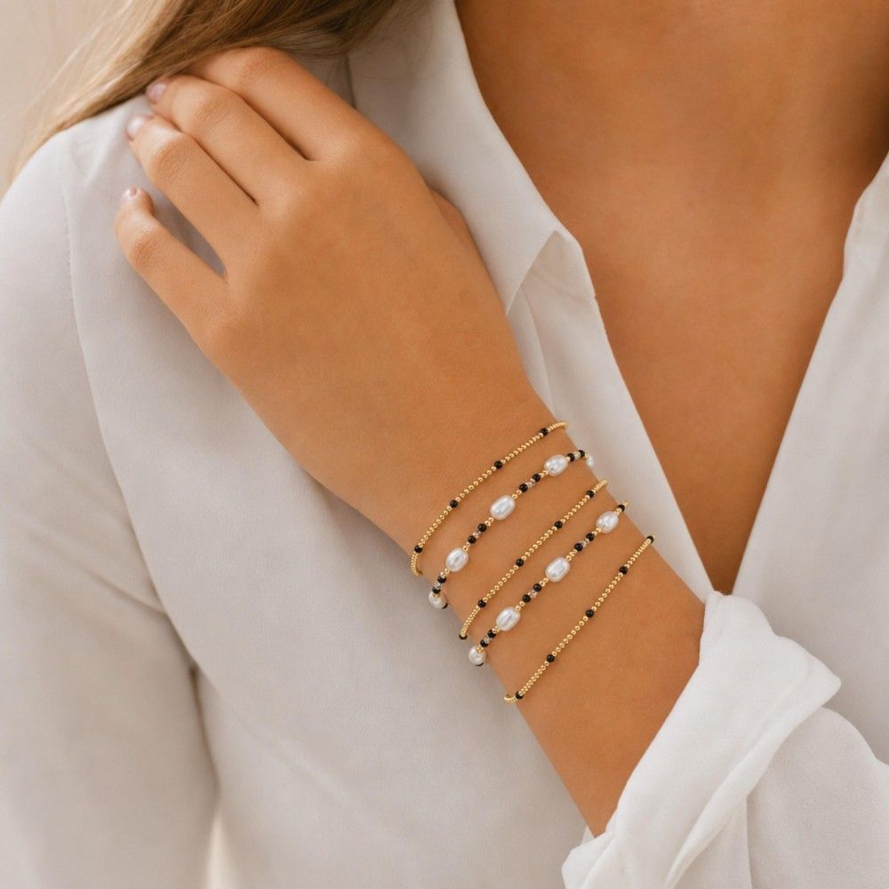 Dainty Black, White &amp; Gold Bracelet Stack