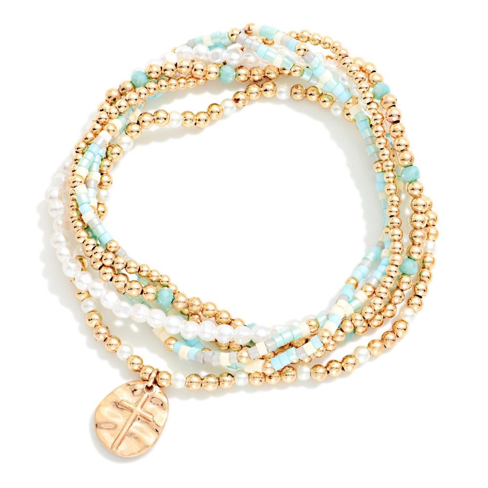 Gold &amp; Turquoise Dangle Cross Bracelet Stack