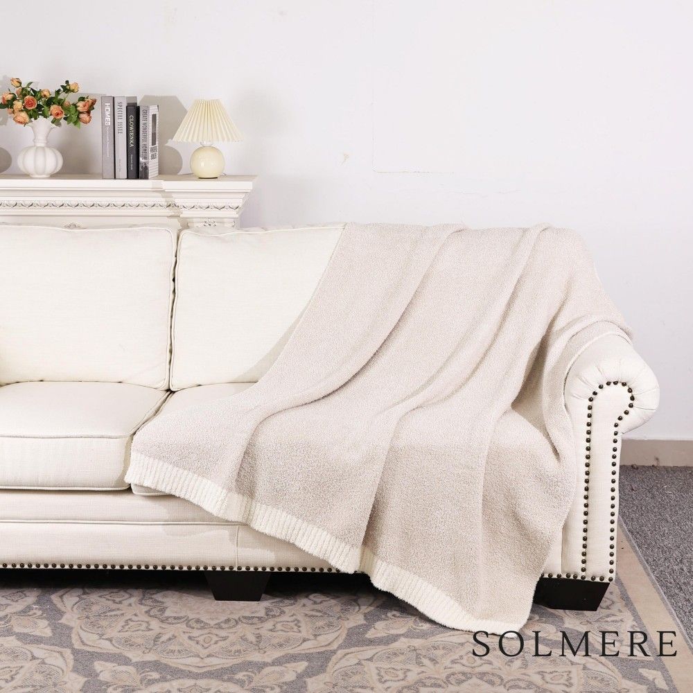 Solmere Blanket – White Bordered Solid Oatmeal Heathered Color Blanket