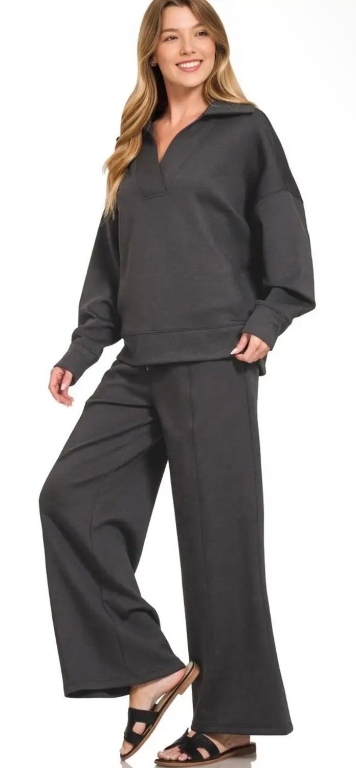 Black Collared Scuba Pullover &amp; Pants Set, Size: Small