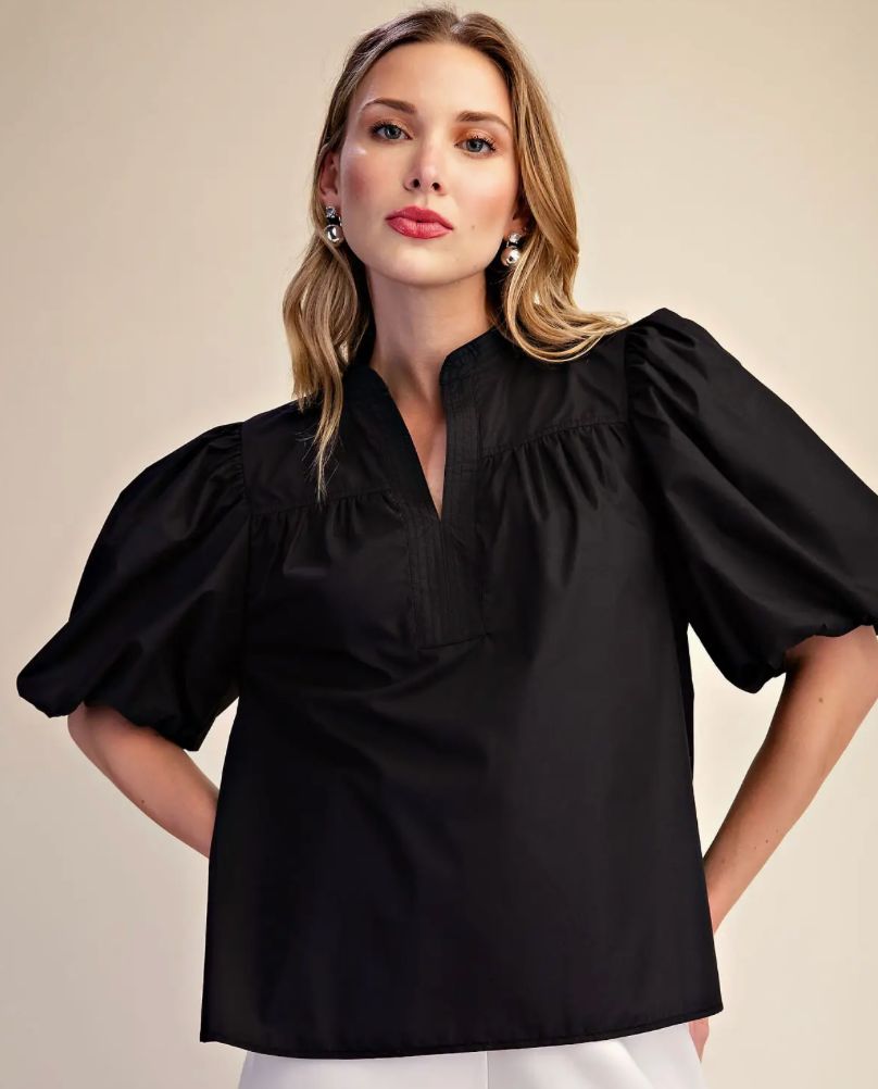 Glam Bubble Sleeve V-Neck Stand Collar Shirt