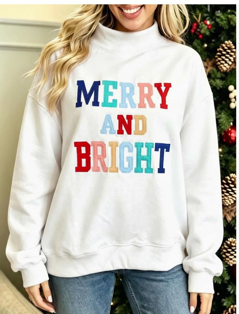 Merry and Bright Stitched Mock Neck Sweatshirt