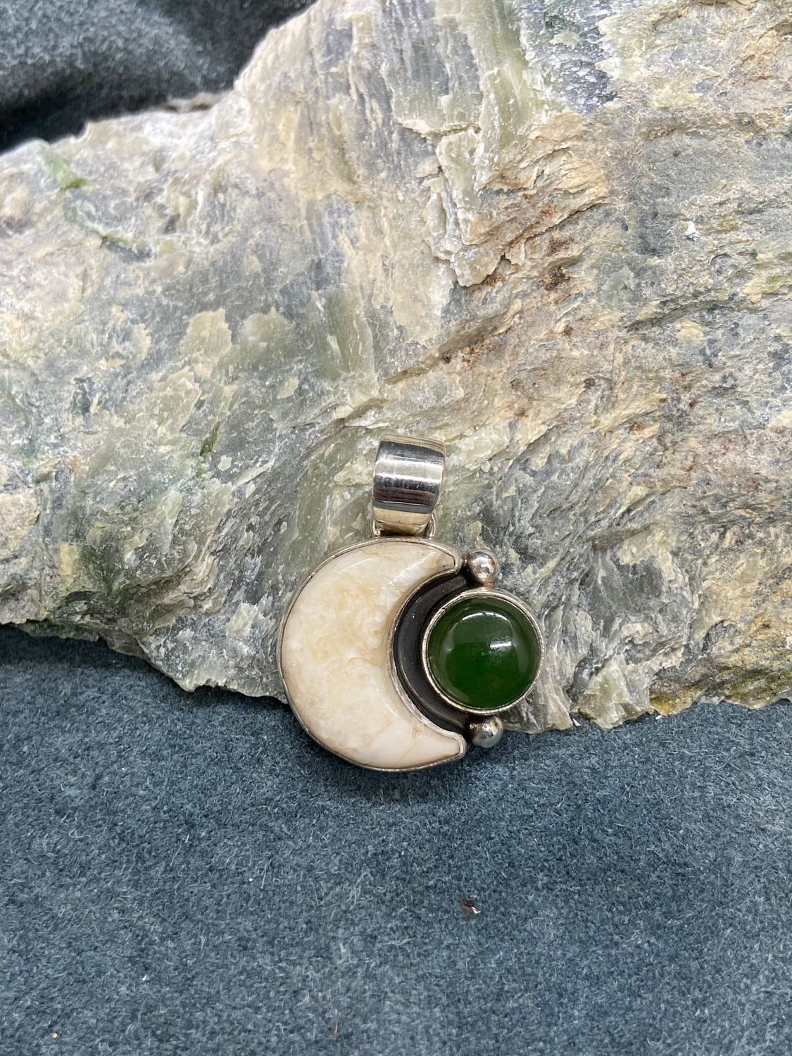 Walrus Ivory Moon &amp; Jade Pendant