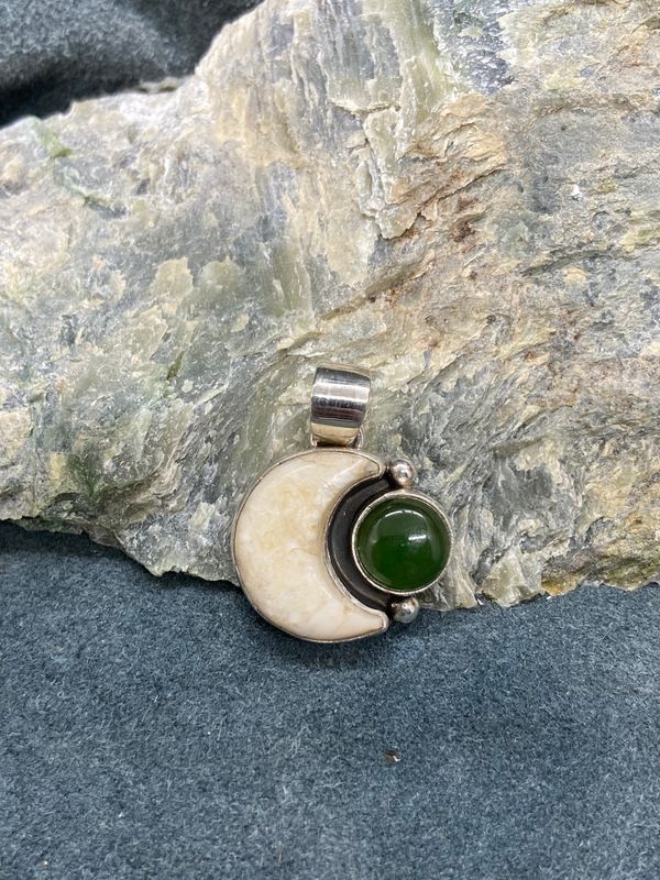 Walrus Ivory Moon &amp; Jade Pendant