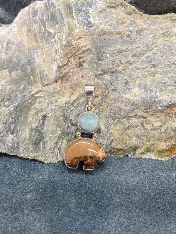 Fossil Walrus Ivory Spirit Bear &amp; Larimar Pendant