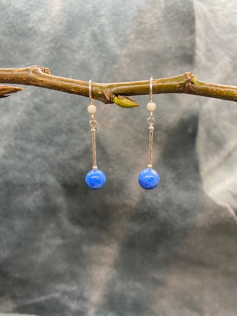 8mm Denim Lapis Bead Dangle Earrings