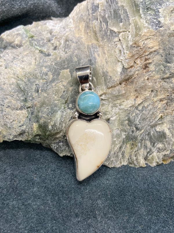 Larimar &amp; Fossil Walrus Ivory Heart Pendant
