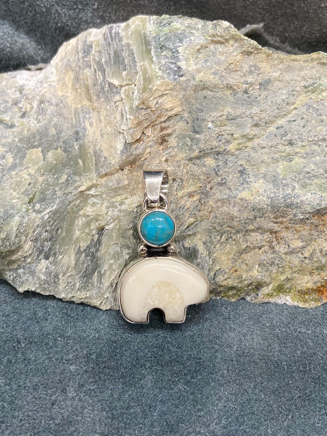 Fossil Walrus Ivory Spirit Bear &amp; Turquoise Pendant