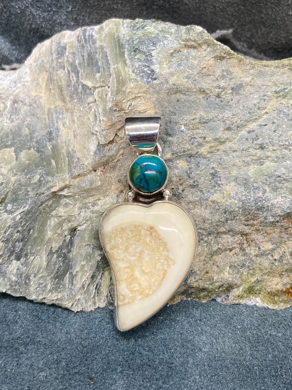 Walrus Ivory Heart &amp; Turquoise Pendant