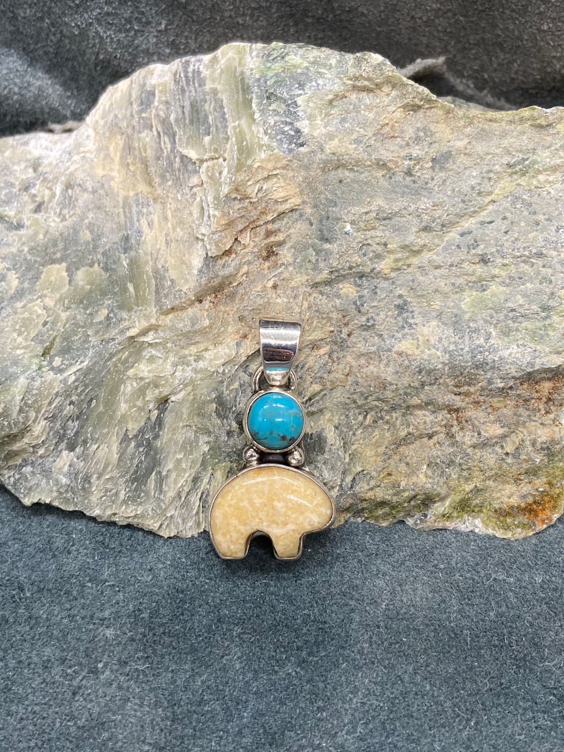 Fossil Walrus Ivory Spirit Bear &amp; Turquoise Pendant