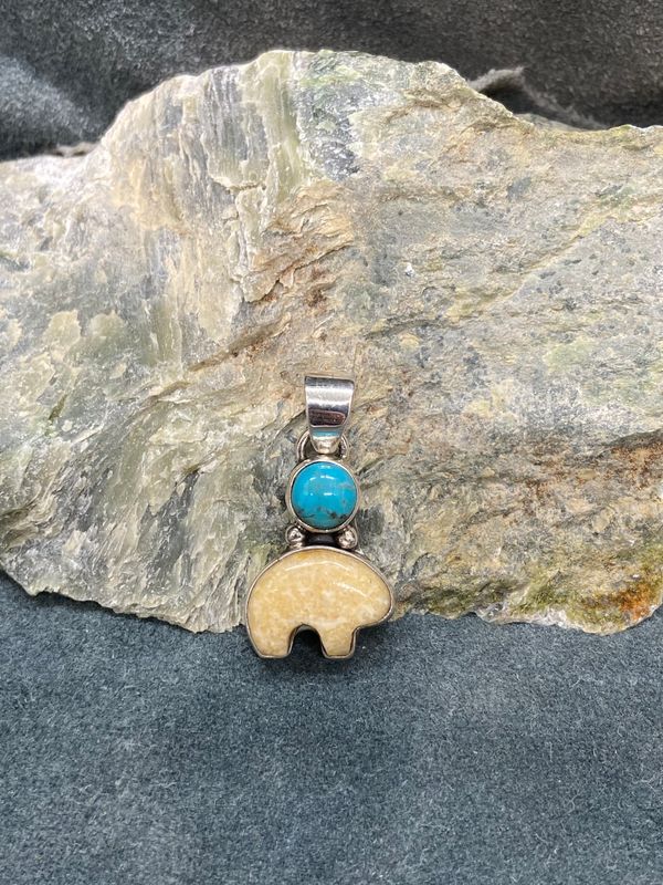 Fossil Walrus Ivory Spirit Bear &amp; Turquoise Pendant