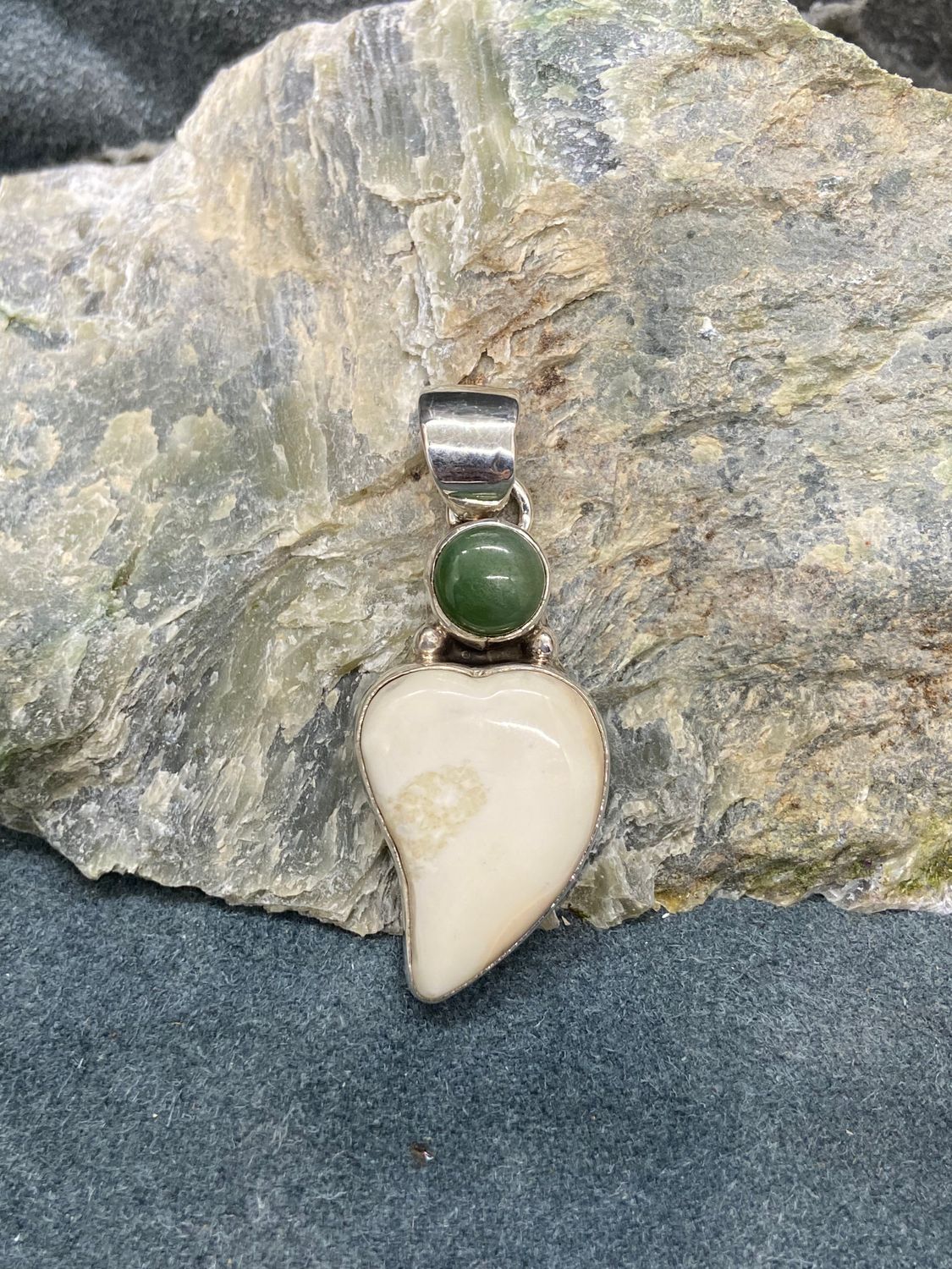 Walrus Ivory Heart &amp; Jade Pendant