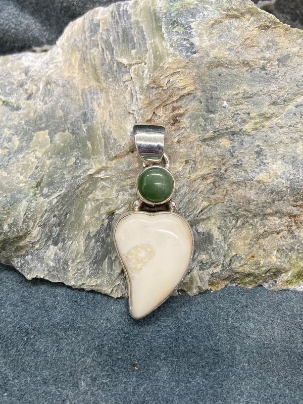 Walrus Ivory Heart &amp; Jade Pendant