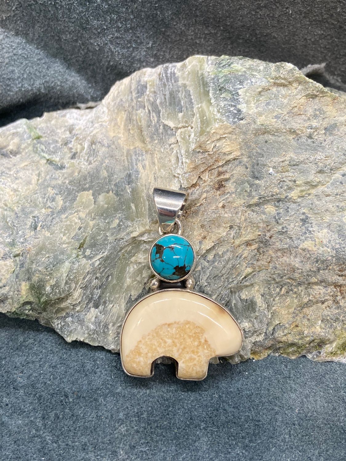 Fossil Walrus Ivory Spirit Bear &amp; Turquoise Pendant