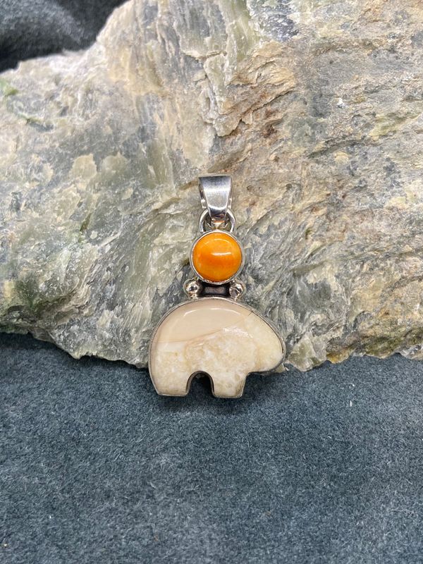 Fossil Walrus Ivory Spirit Bear &amp; Spiny Oyster Pendant
