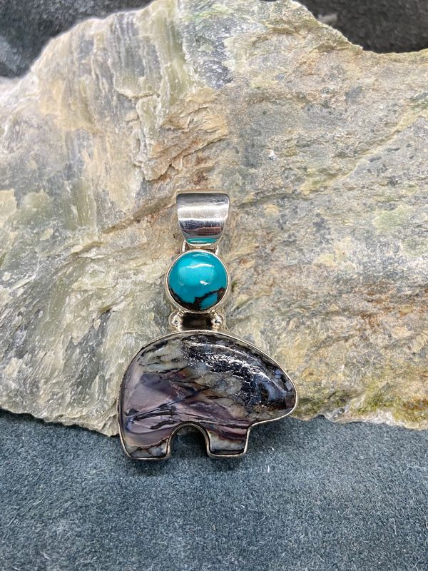 Mammoth Tooth Spirit Bear &amp; Turquoise Pendant