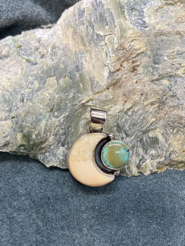 Walrus Ivory Moon &amp; Turquoise Pendant