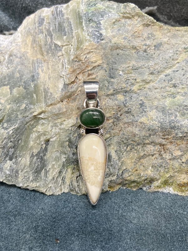 Fossil Walrus Ivory &amp; Jade Pendant