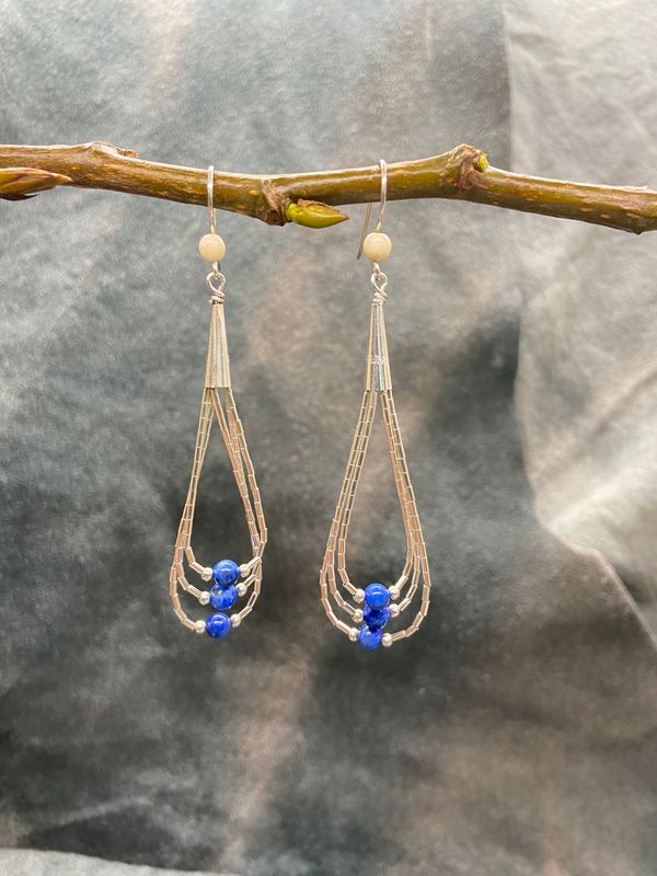 4mm Denim Lapis Bead Triple Loop Earrings