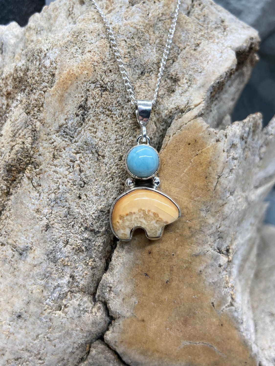 Fossil Walrus Ivory Spirit Bear &amp; Larimar Necklace