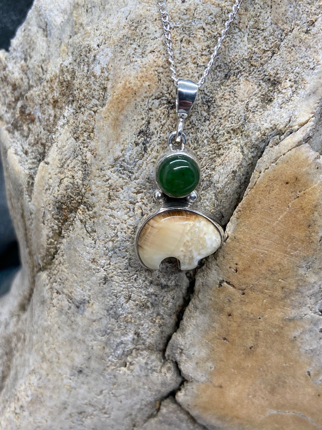 Fossil Walrus Ivory Spirit Bear &amp; Jade Necklace