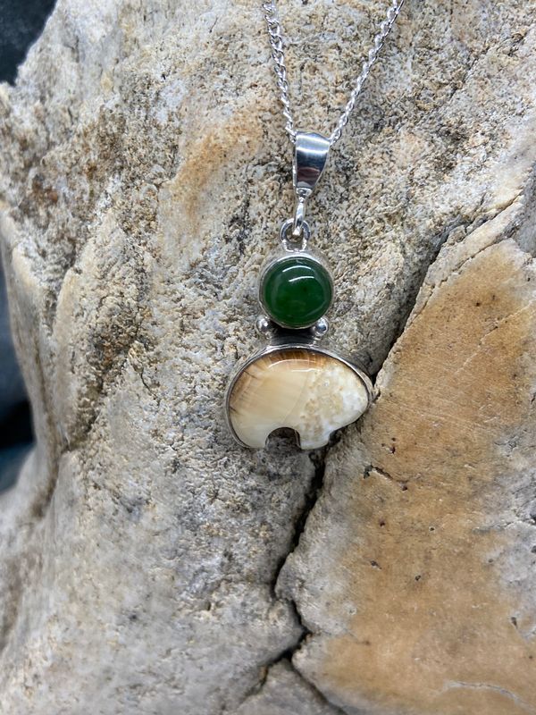 Fossil Walrus Ivory Spirit Bear &amp; Jade Necklace