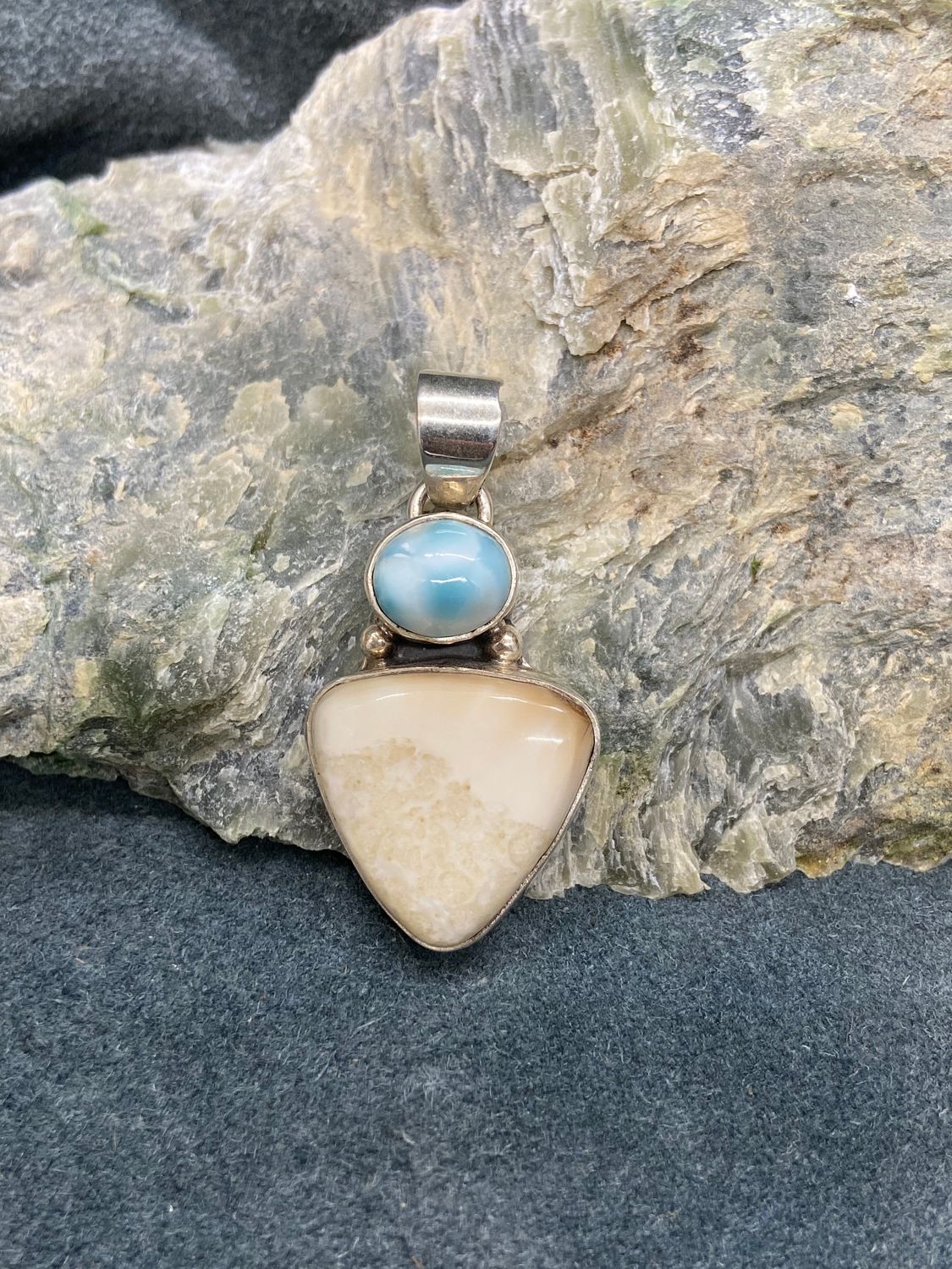 Fossil Walrus Ivory Triangle &amp; Larimar Pendant