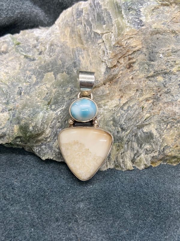 Fossil Walrus Ivory Triangle &amp; Larimar Pendant