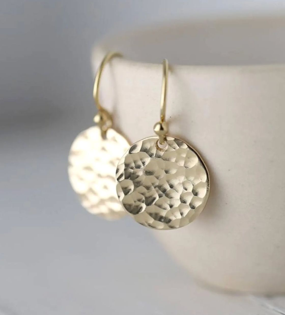 Small Gold Hammered Disc. Earring