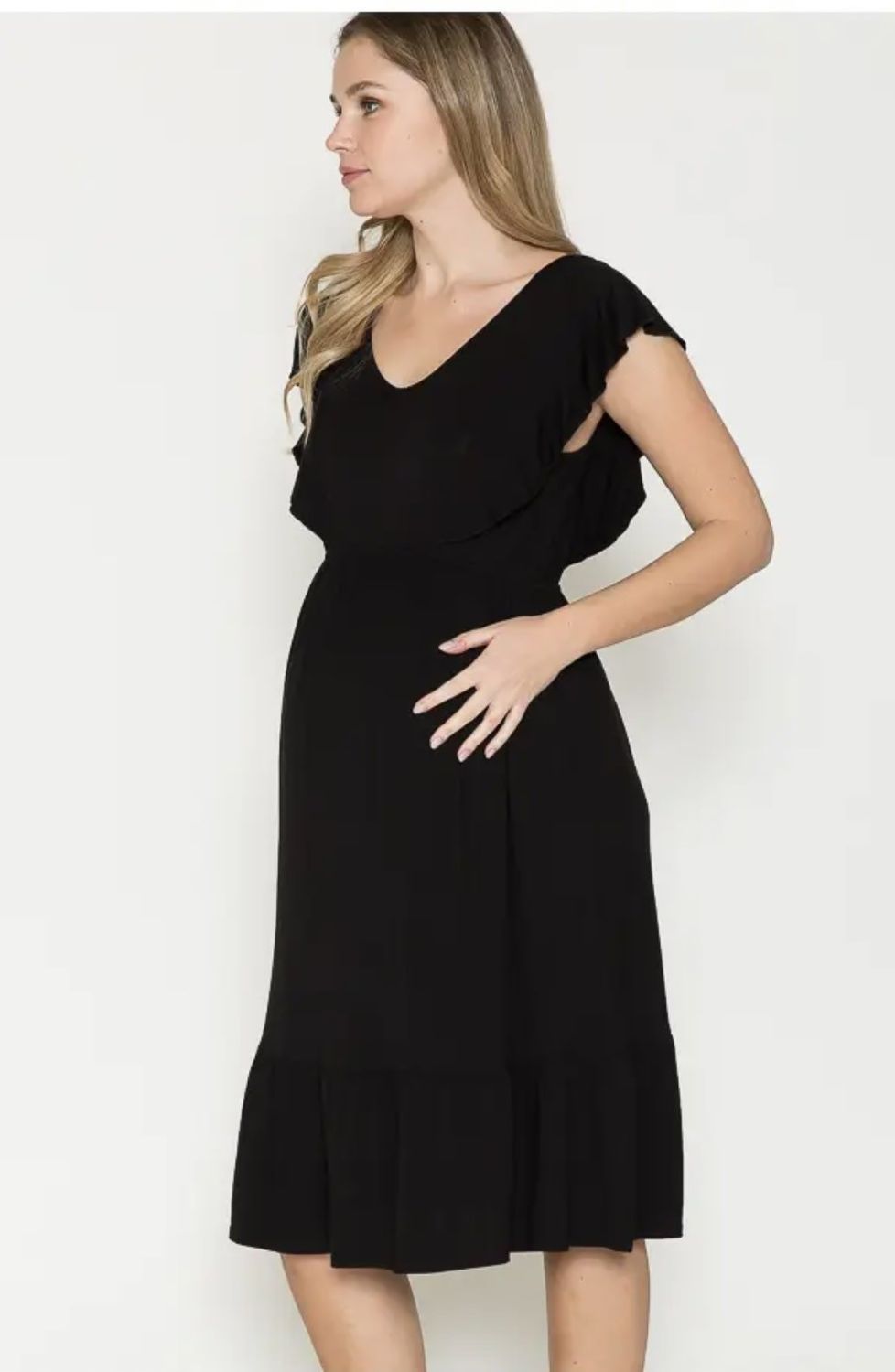 V-Neck Ruffle Midi Maternity Dress
