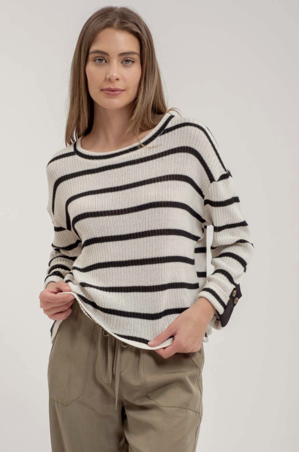 Striped Relaxed 3/4 Cuffed Sleeve Knit Top