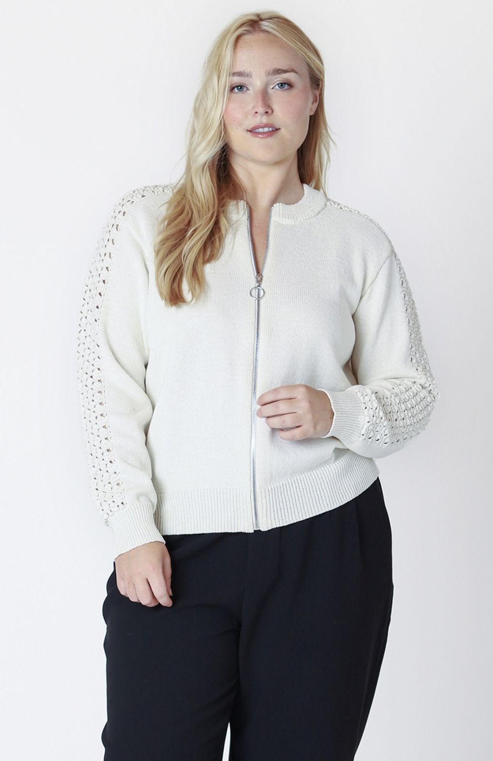 Crochet Sleeve Bomber Sweater