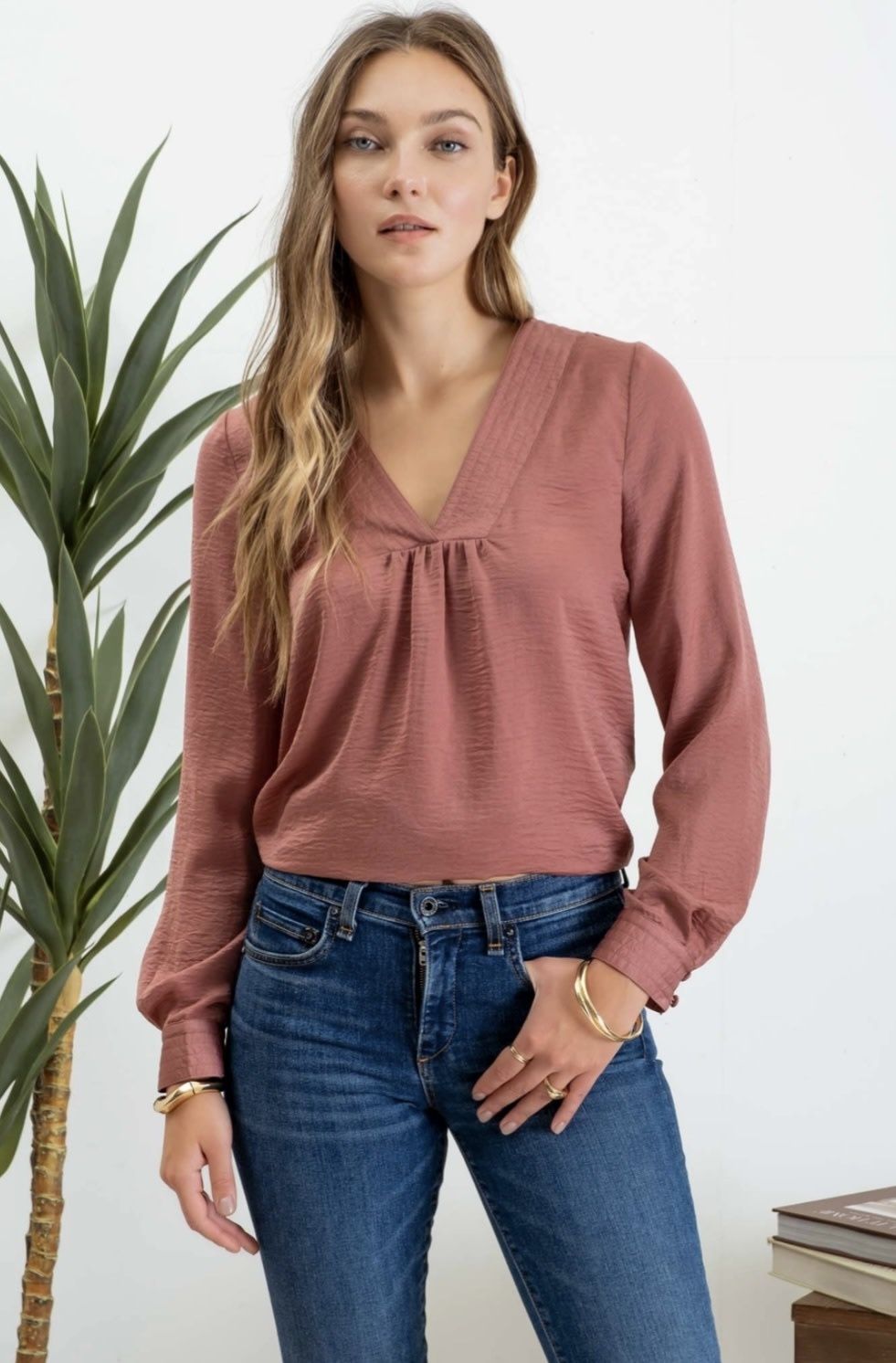 Textured Satin V Neck Long Sleeve Blouse
