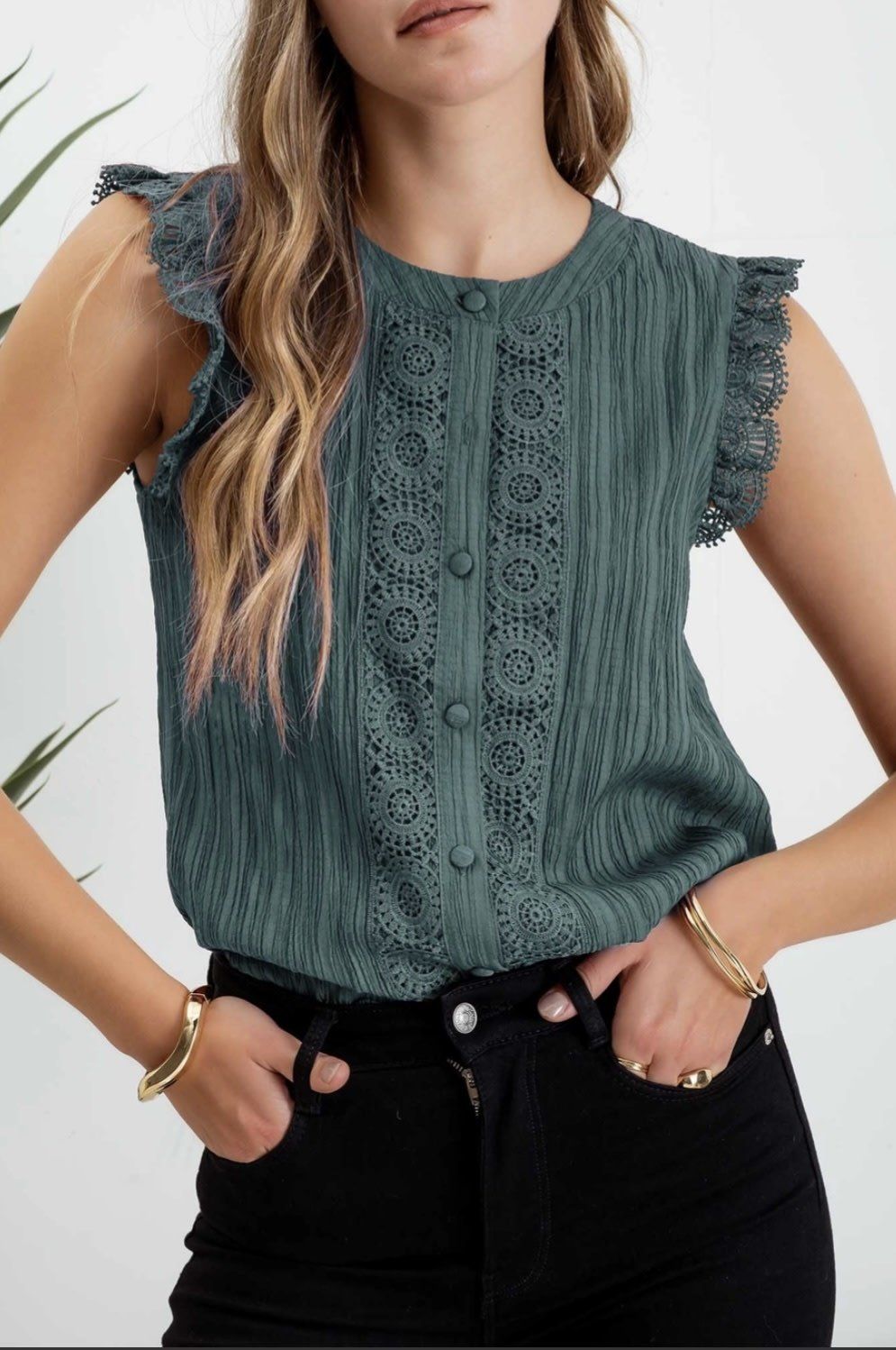 Eyelet Lace Trim Button Down Sleeveless Blouse