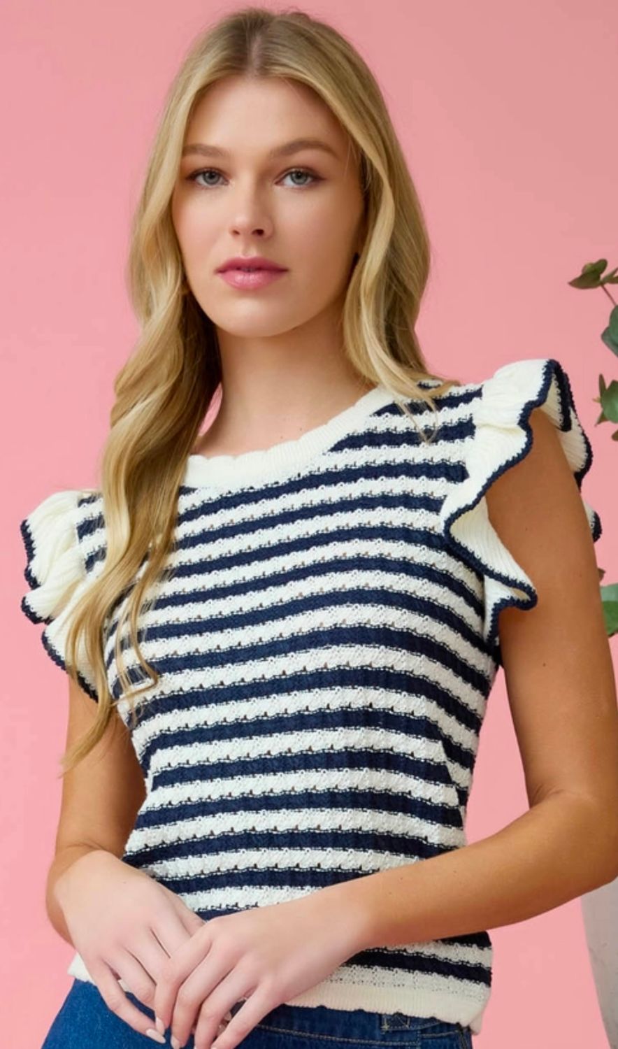 Stripe Short Ruffle Sleeve Knit Top