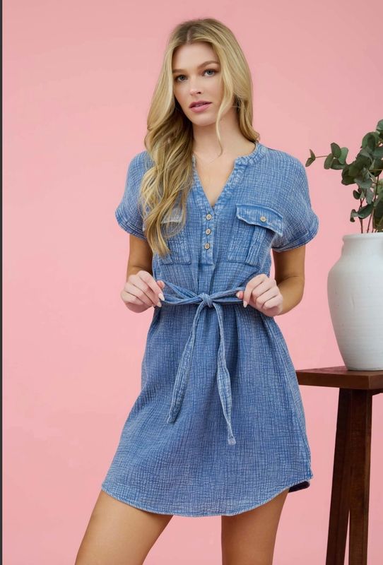 Washed Half Button Waist Tie Mini Dress