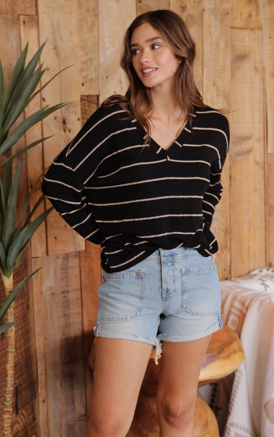 Stripe V Neck Drop Shoulder Long Sleeve Knit Top