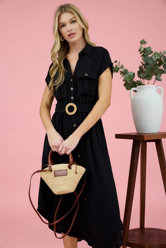 Collared Button Down Belted Midi Dress