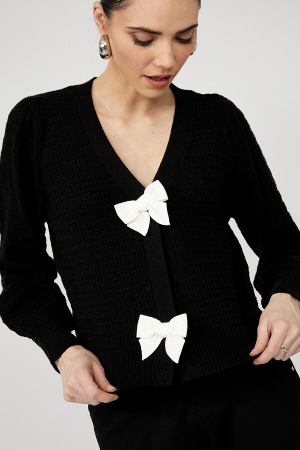 Textured V Neck  Puffy Sleeve Cardigan